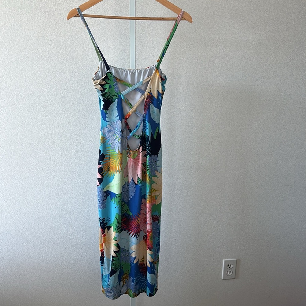 Tropical Floral Dress Sz M Bodycon Crisscross Open Back Resort Y2K Glam Festival - Picture 7 of 11